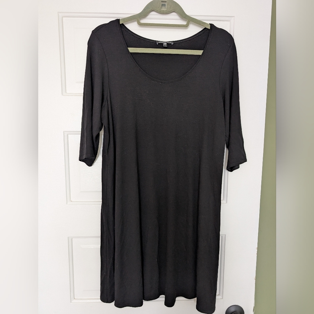 Eileen Fisher Black T-shirt‎ Dress Round Neck 3/4 Sleeve Lagenlook Women's L